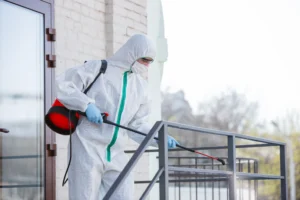 Técnico de SEPROFU en traje protector realizando fumigación en el exterior de una residencia.