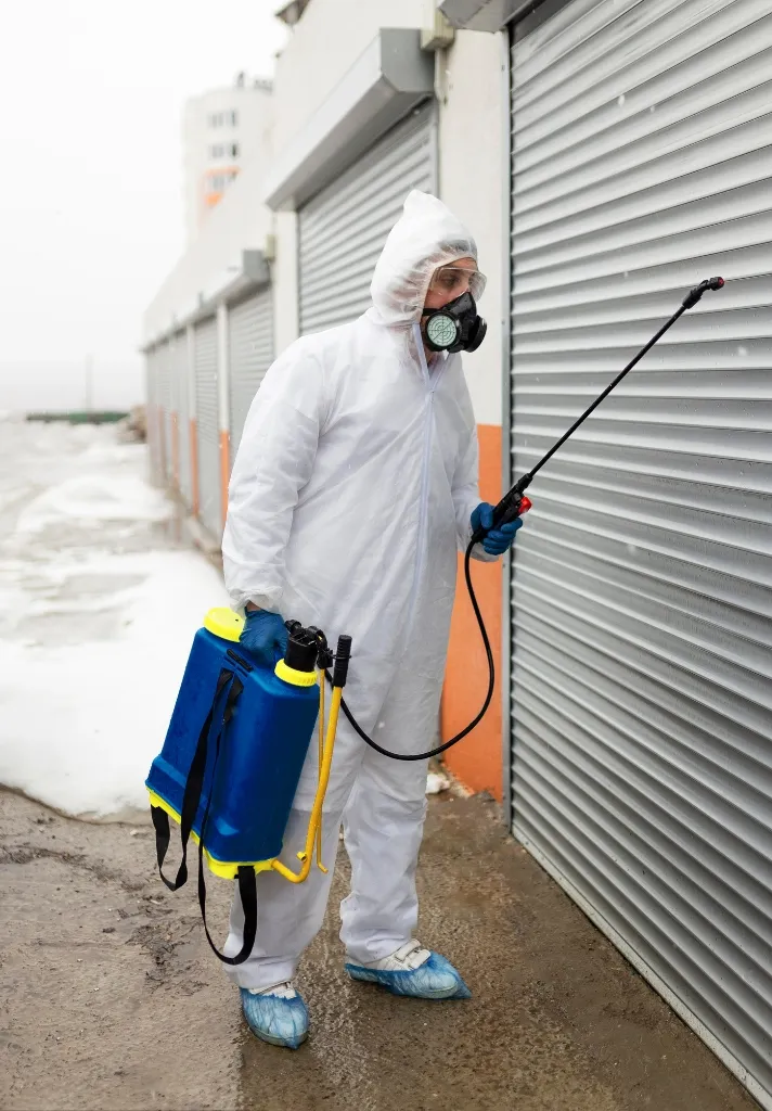 Técnico de SEPROFU realizando fumigación industrial con equipo especializado