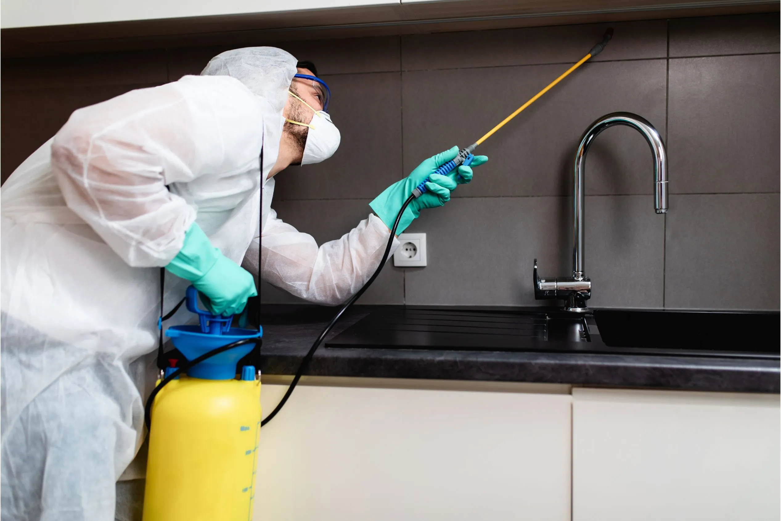 Técnico de fumigación aplicando pesticidas en una cocina