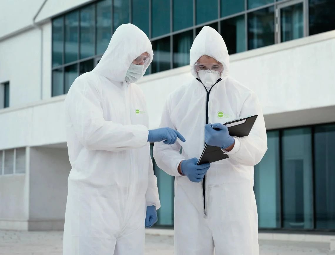 Técnicos en trajes de protección revisando documentos para el cumplimiento de normativas sanitarias