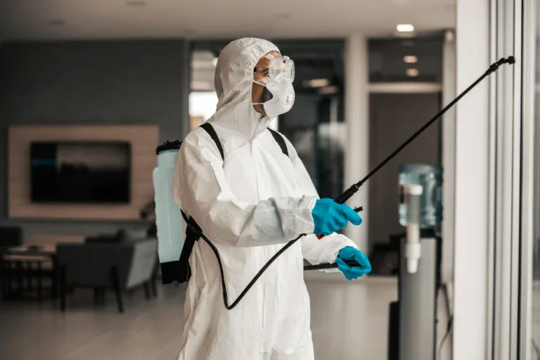 Técnico con traje protector realizando fumigación profesional en oficinas con equipo especializado