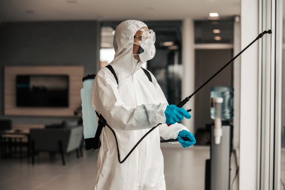 Técnico con traje protector realizando fumigación profesional en oficinas con equipo especializado
