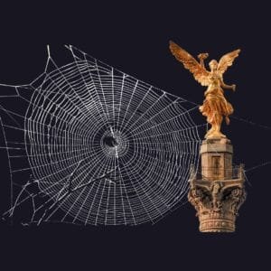 Telaraña gigante junto al Ángel de la Independencia en la Ciudad de México, representación visual del control de plagas urbanas.