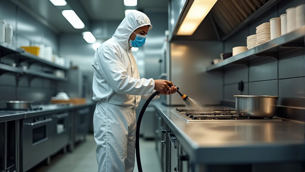 Técnico de seguridad alimentaria desinfectando superficies de una cocina comercial con equipo de protección