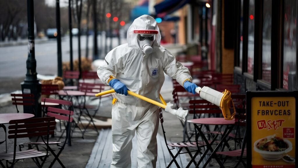 Trabajador con traje protector desinfectando mesas de un café al aire libre durante la pandemia