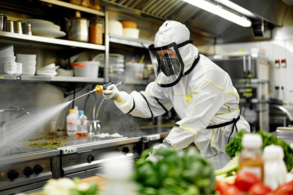 Especialista en control de plagas desinfectando cocina industrial con equipo de protección completo