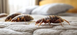 Chinches de cama caminando sobre un colchón en una habitación con luz natural.