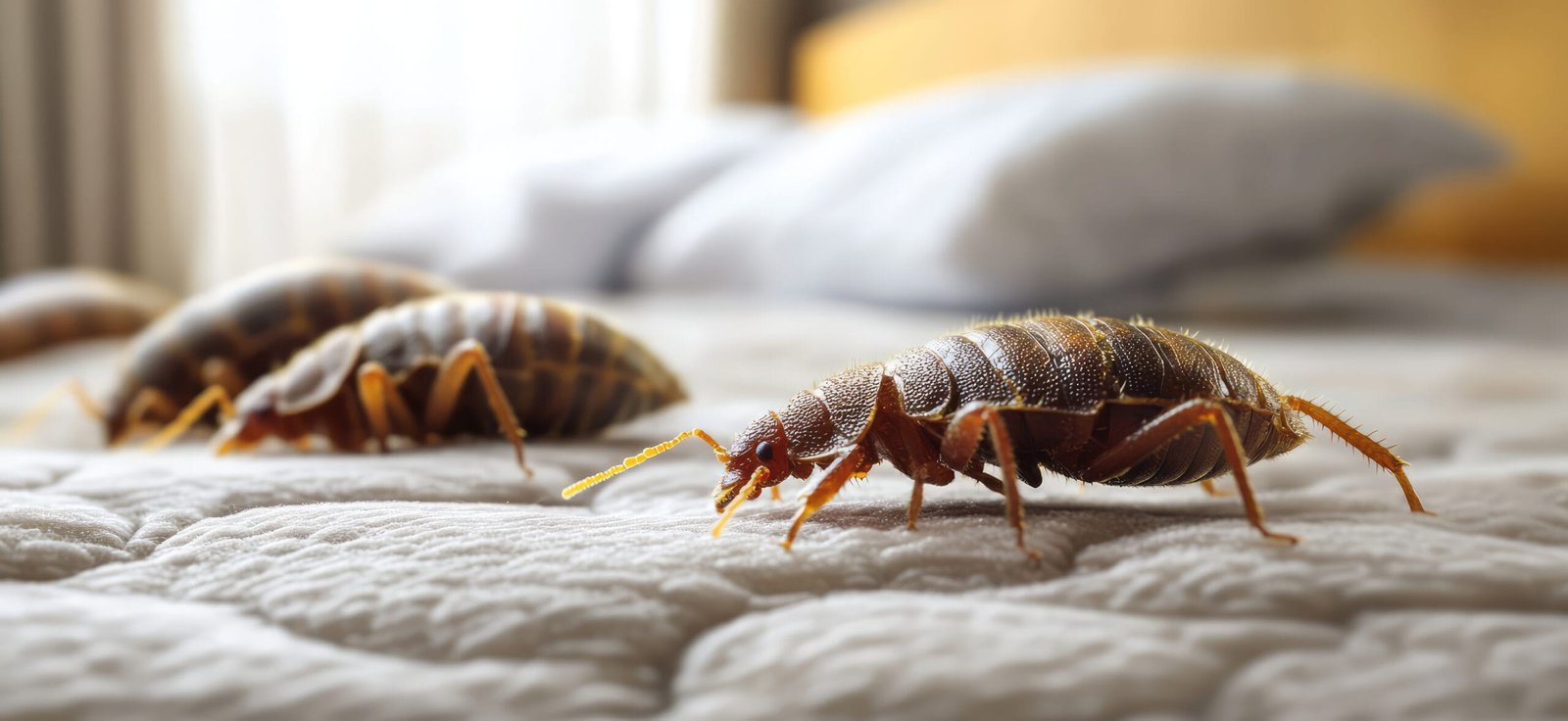 Chinches de cama caminando sobre un colchón en una habitación con luz natural.