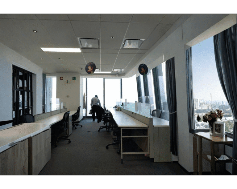 Oficina vacía con escritorios alineados y vista a la ciudad, posible riesgo de plagas al cerrar por vacaciones.