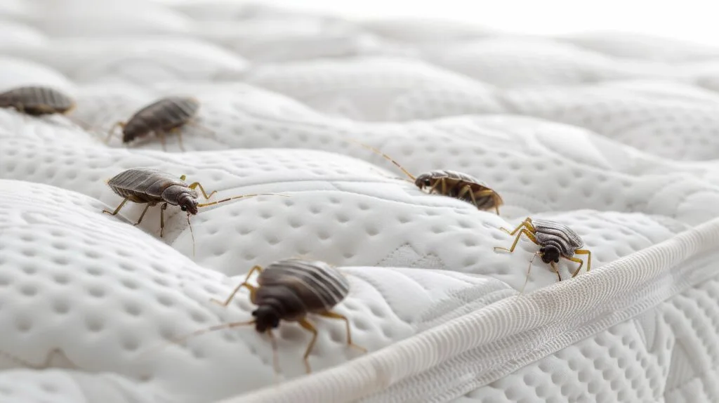 Chinches caminando sobre un colchón blanco, plaga activa en temporadas cálidas en zonas urbanas.
