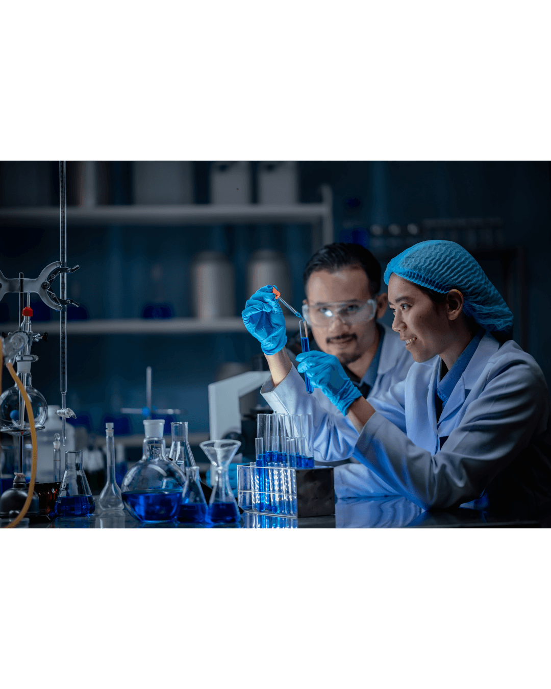 Profesionales en laboratorio analizando productos químicos seguros utilizados en fumigación aprobada para uso en hogares y negocios.