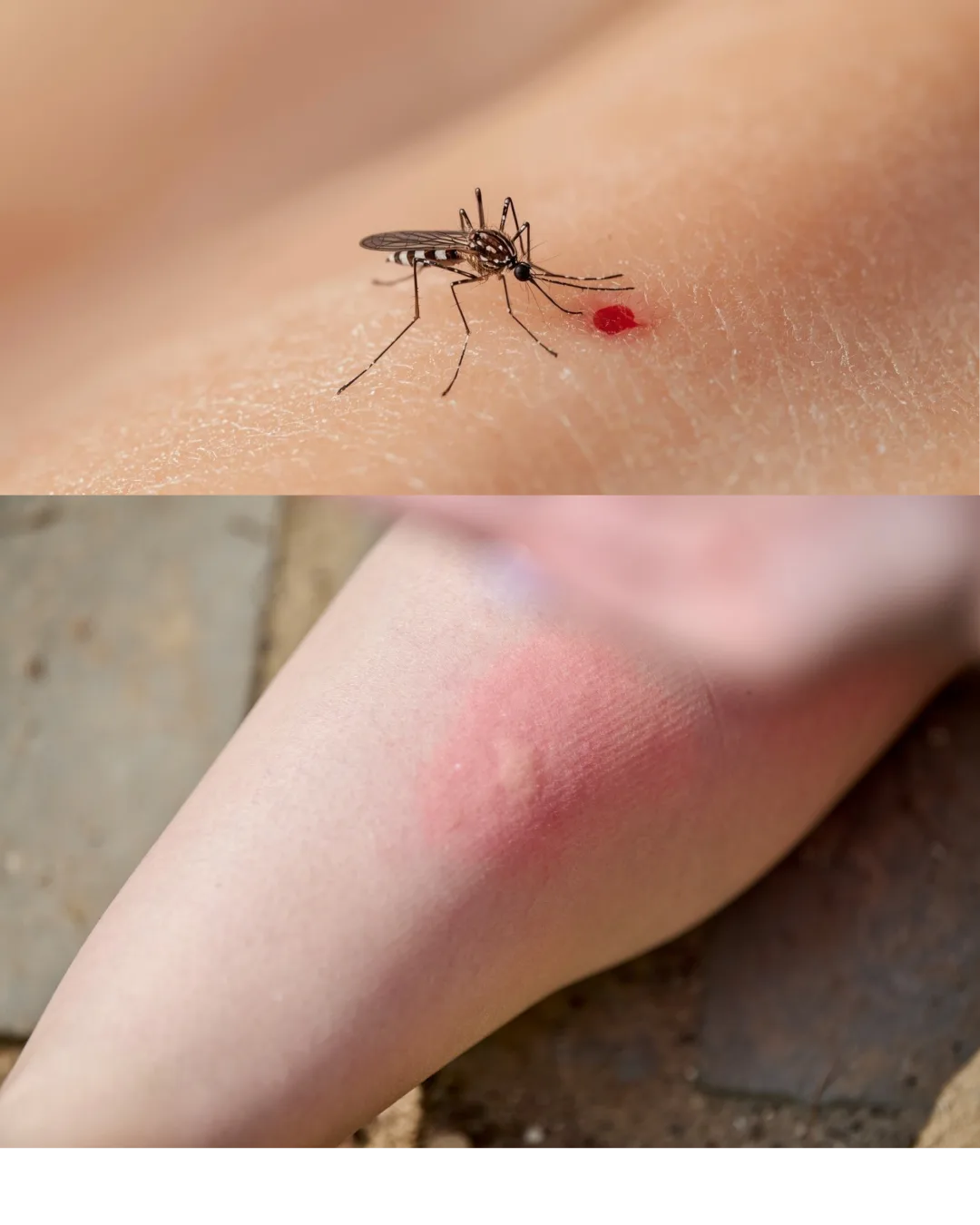Mosquito picando la piel humana y reacción inflamatoria por picadura con enrojecimiento.