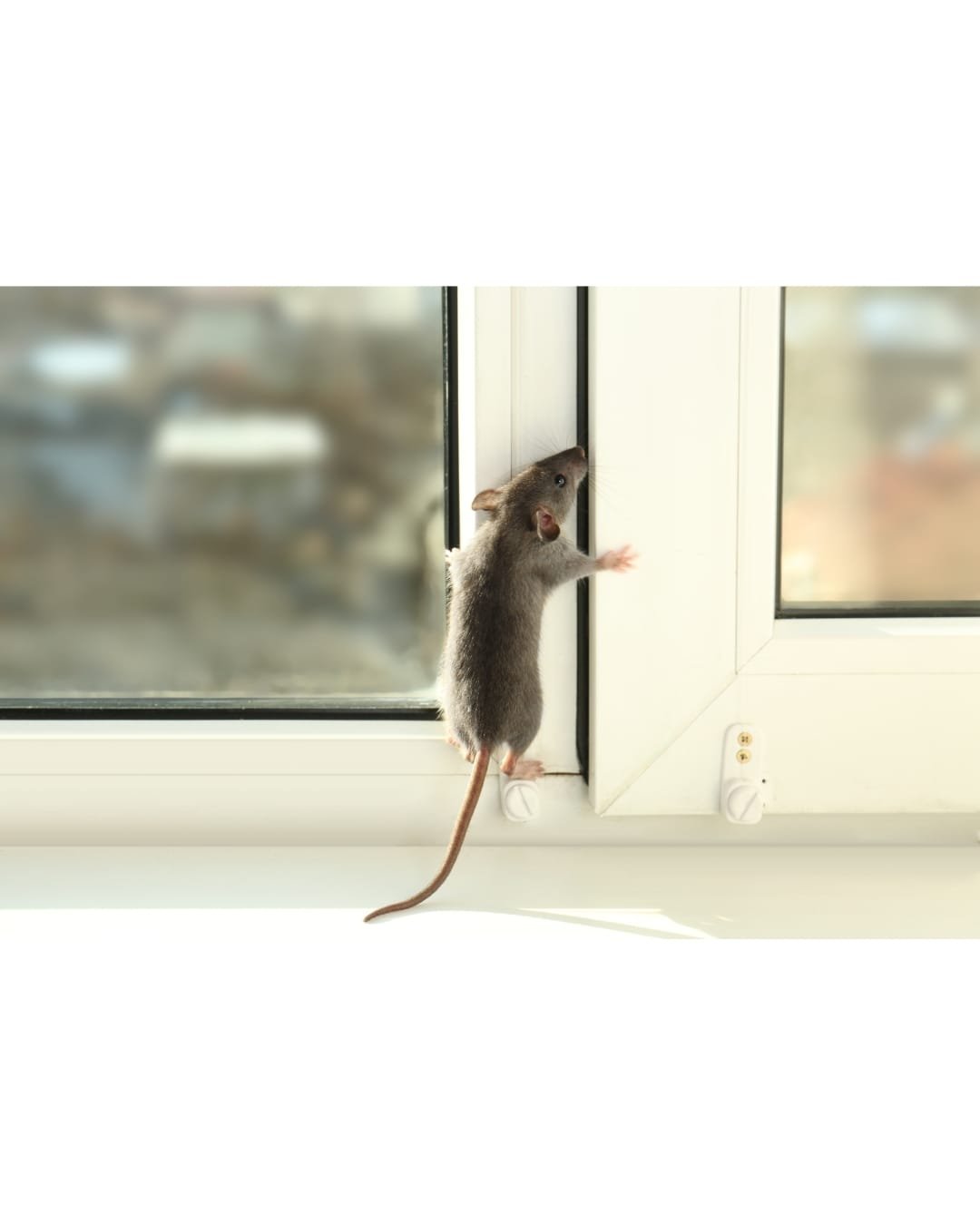 Ratón entrando por una ventana, señal de puntos de acceso de roedores en casa.