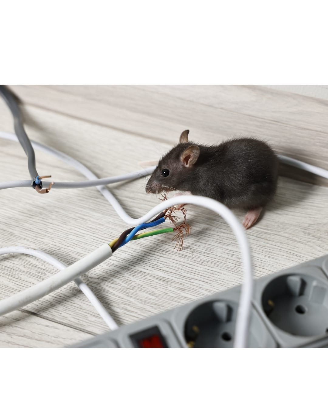 Ratón roiendo cables eléctricos, señal de daño por roedores en el hogar.