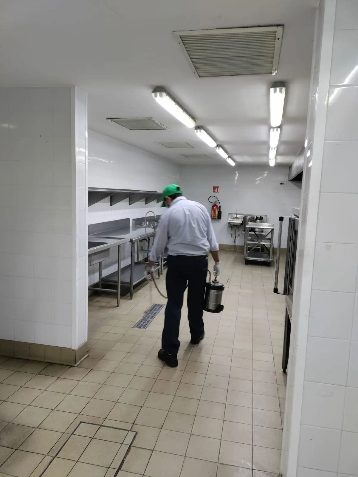 Técnico de SEPROFU realizando control profesional de plagas en cocina industrial como parte de procesos de higiene y cumplimiento sanitario.