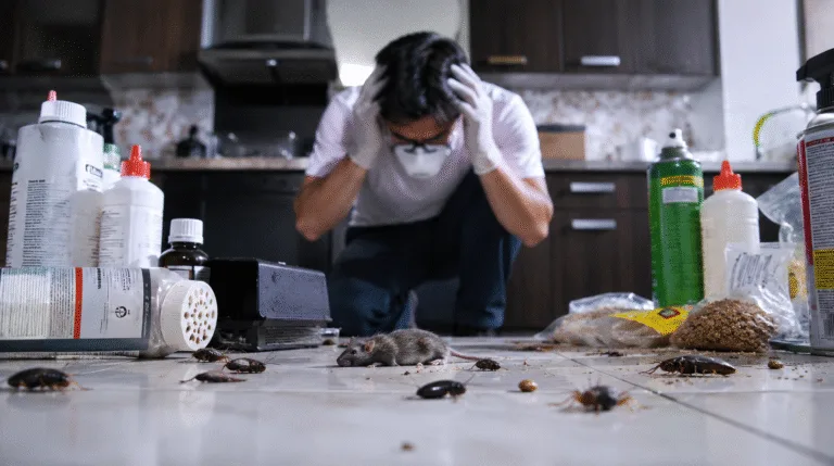 Persona intentando eliminar una plaga por su cuenta con insecticidas domésticos mientras cucarachas y un roedor permanecen en el hogar.