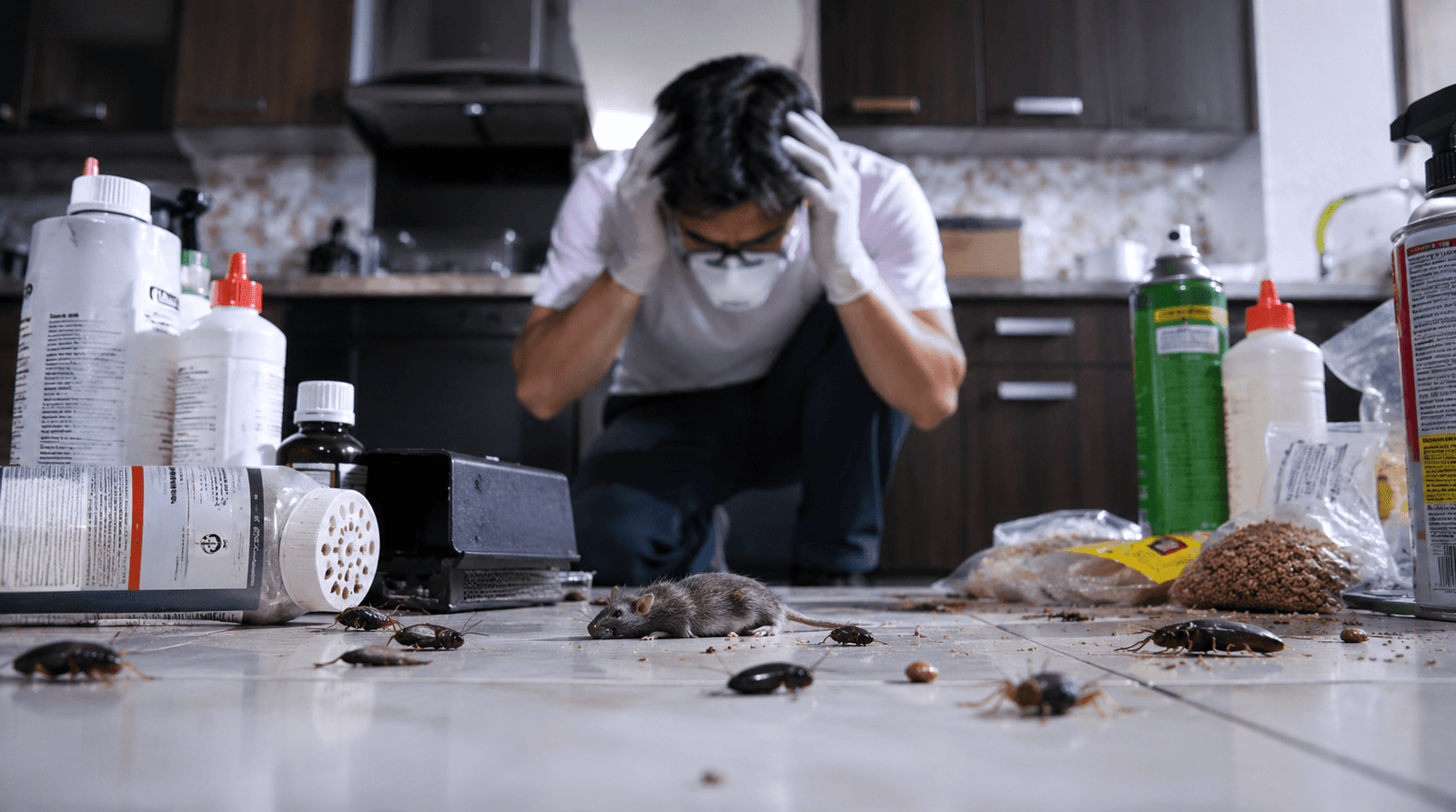 Persona intentando eliminar una plaga por su cuenta con insecticidas domésticos mientras cucarachas y un roedor permanecen en el hogar.