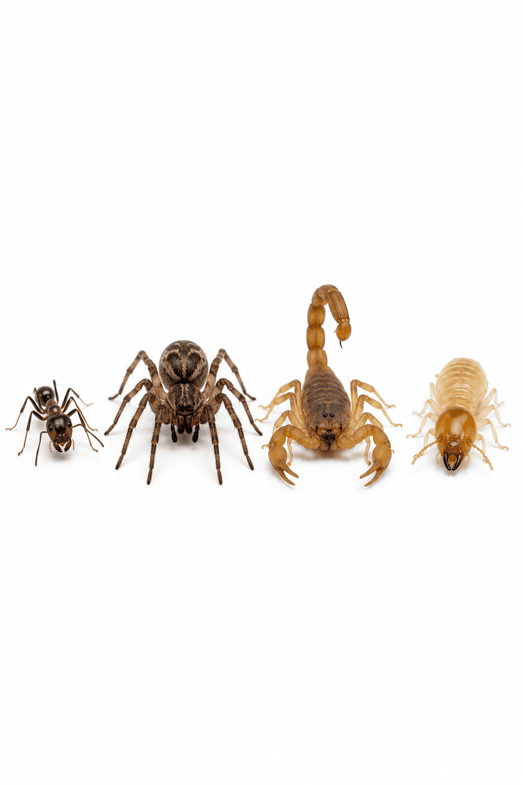 Hormiga, araña, alacrán y termita en fondo blanco, plagas que pueden aumentar su presencia durante la temporada de lluvias en México.