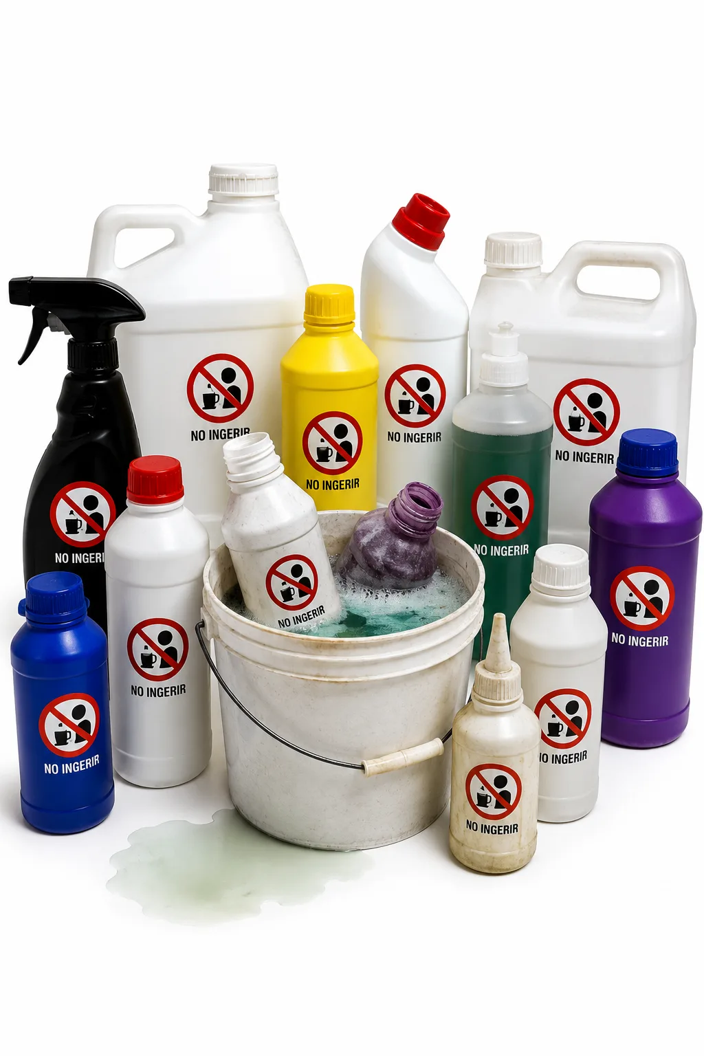 Botellas de productos químicos y una cubeta con sustancias mezcladas, ejemplo de un error común al intentar eliminar una plaga por cuenta propia.