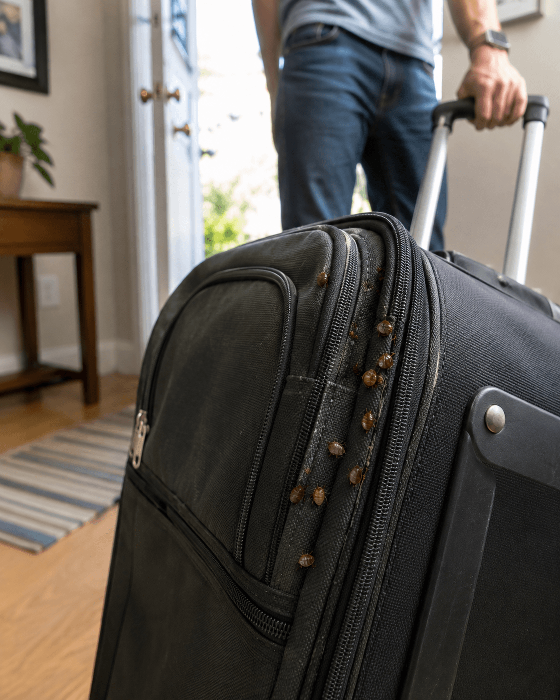 Chinches de cama sobre las costuras de una maleta mientras una persona regresa a casa después de un viaje.