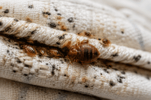 Chinches en las costuras de un colchón, una señal de posible infestación en el hogar.