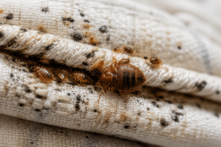 Chinches en las costuras de un colchón, una señal de posible infestación en el hogar.