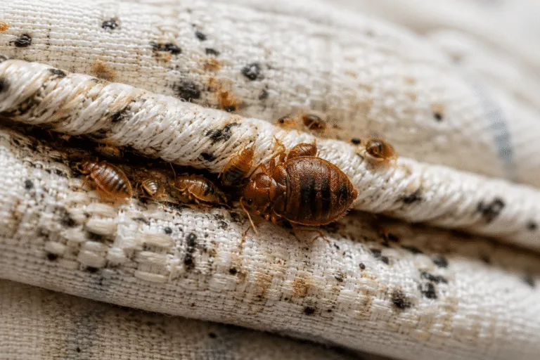 Chinches en las costuras de un colchón, una señal de posible infestación en el hogar.