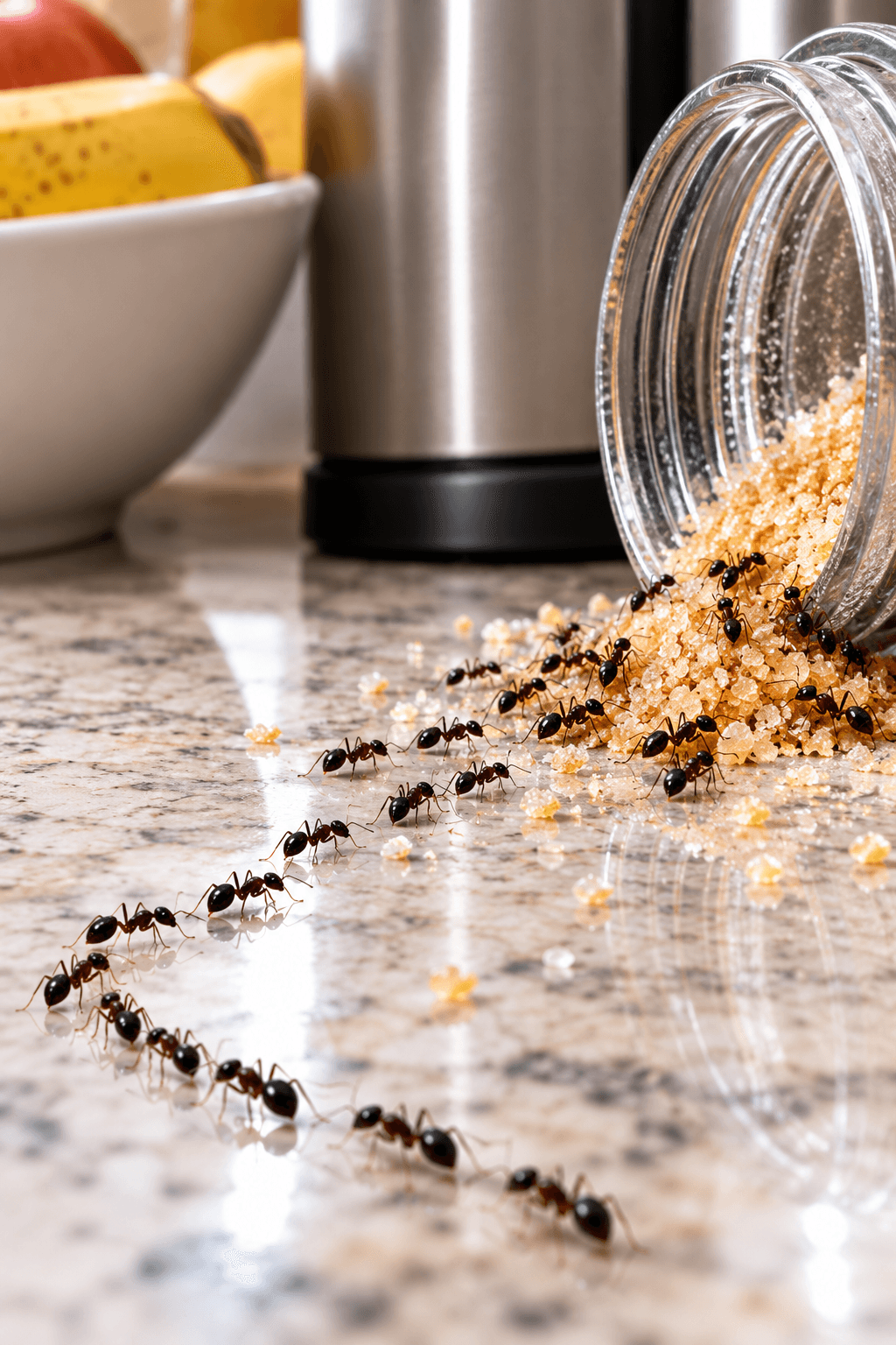 Fila de hormigas siguiendo un rastro hacia un frasco con alimento derramado sobre una superficie de cocina.