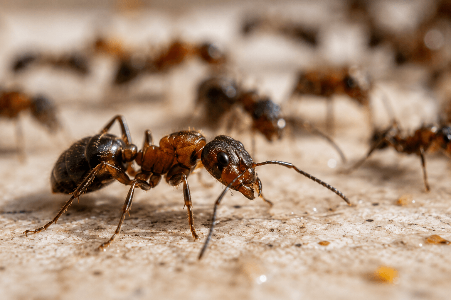 Close up de una hormiga en primer plano con otras hormigas siguiendo una ruta al fondo.