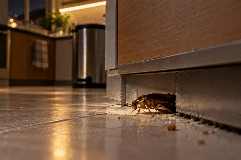 Cucaracha saliendo de una grieta debajo de un mueble de cocina, junto a restos de comida en el piso, como ejemplo de una plaga que puede reaparecer tras una fumigación.