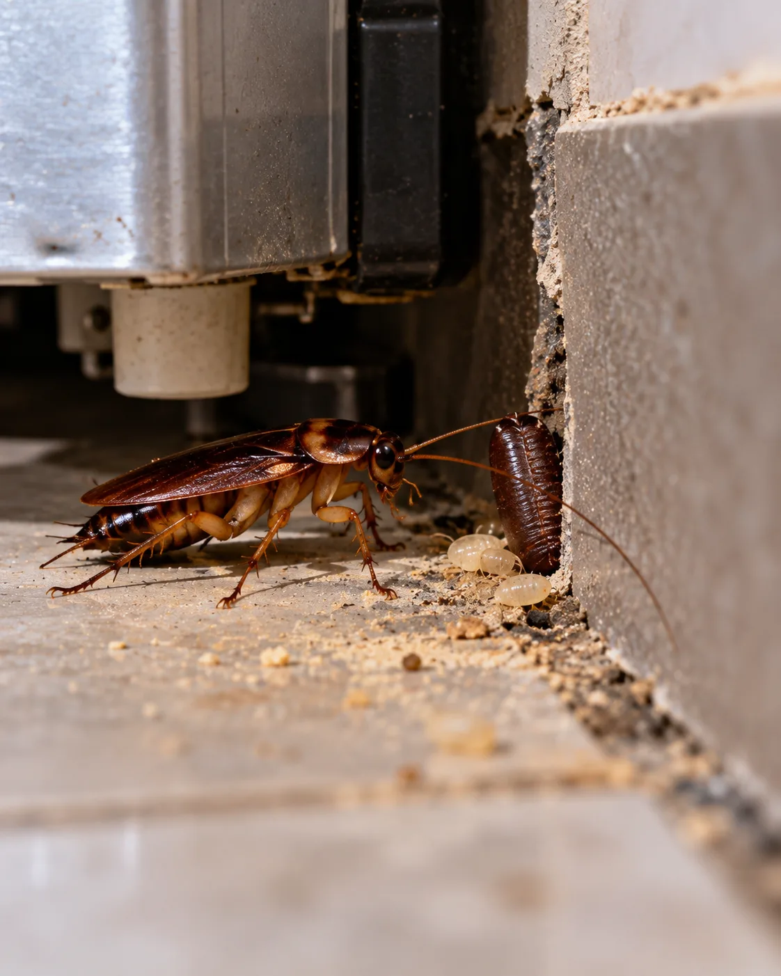 Cucaracha adulta junto a una ooteca oculta en una grieta detrás de un electrodoméstico, representando distintas etapas del ciclo de vida de la plaga.