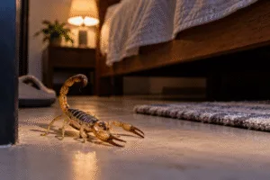Alacrán sobre el piso de una recámara durante la noche, cerca de una cama, uno de los lugares donde puede encontrar refugio dentro del hogar.