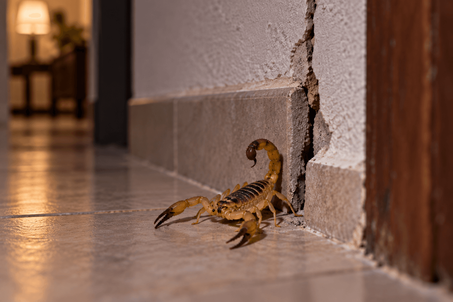 Alacrán junto a una grieta en la pared y el zoclo de una vivienda, un espacio que puede servir como refugio o vía de acceso.