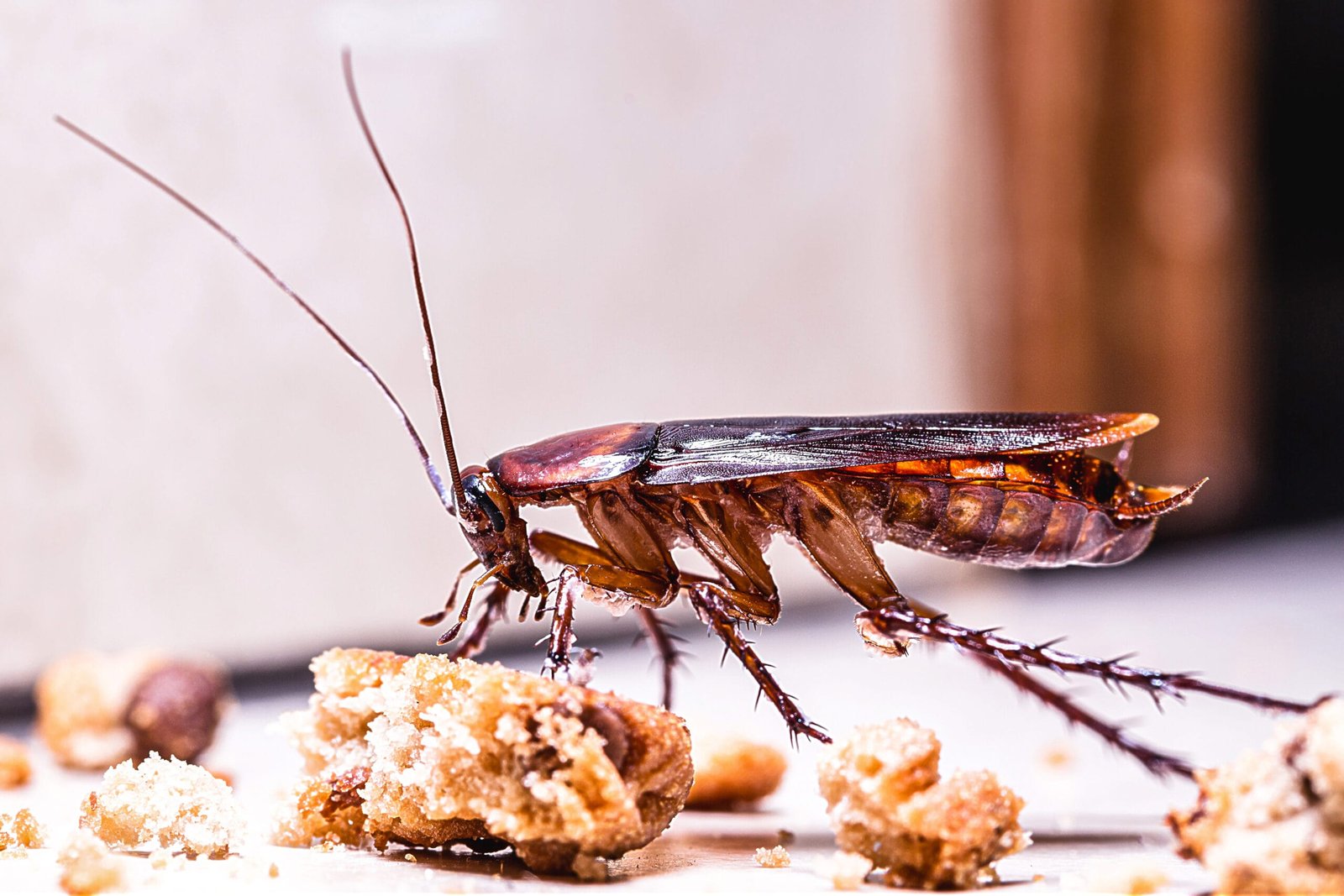 Cucaracha junto a pequeñas migas de comida, mostrando cómo restos difíciles de detectar pueden servir como fuente de alimento dentro del hogar.